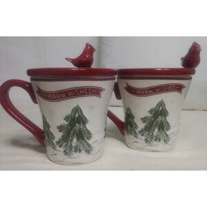 Cardinal‎ Christmas Mug Set with Lid Warm Wishes Holiday Coffee Tea Cup Read!